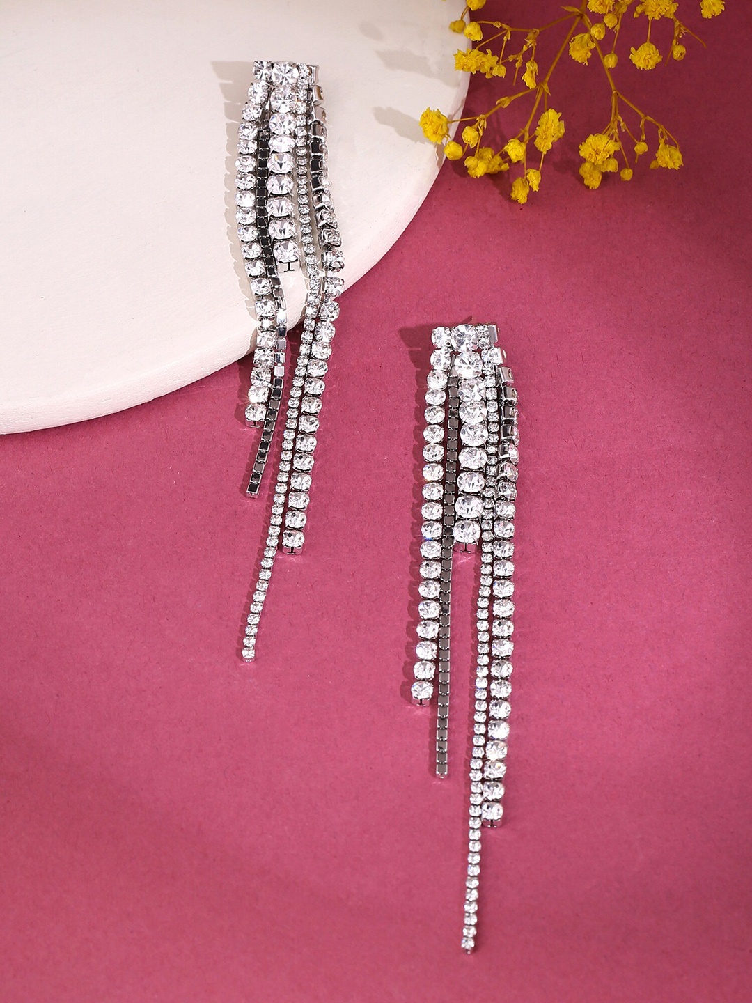 

Yellow Chimes Silver Toned Crystal Studded Dangler Earrings