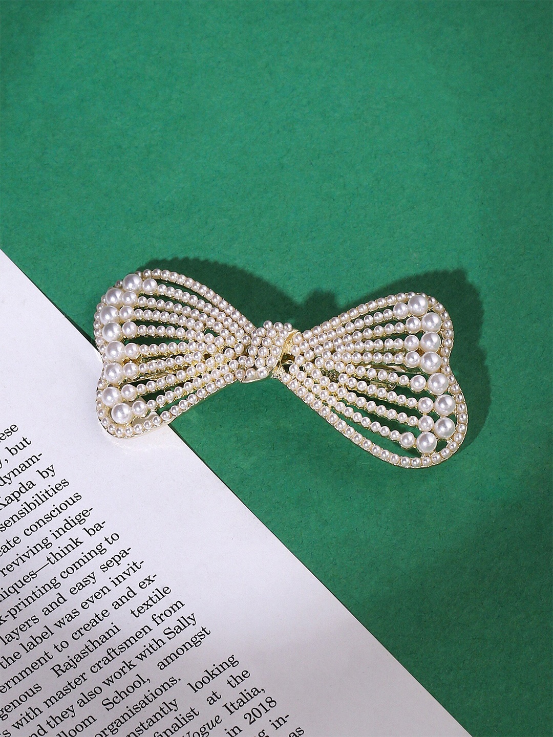 

Yellow Chimes Gold Toned Bow Designed and Pearl Studded French Baratte Hair Clip