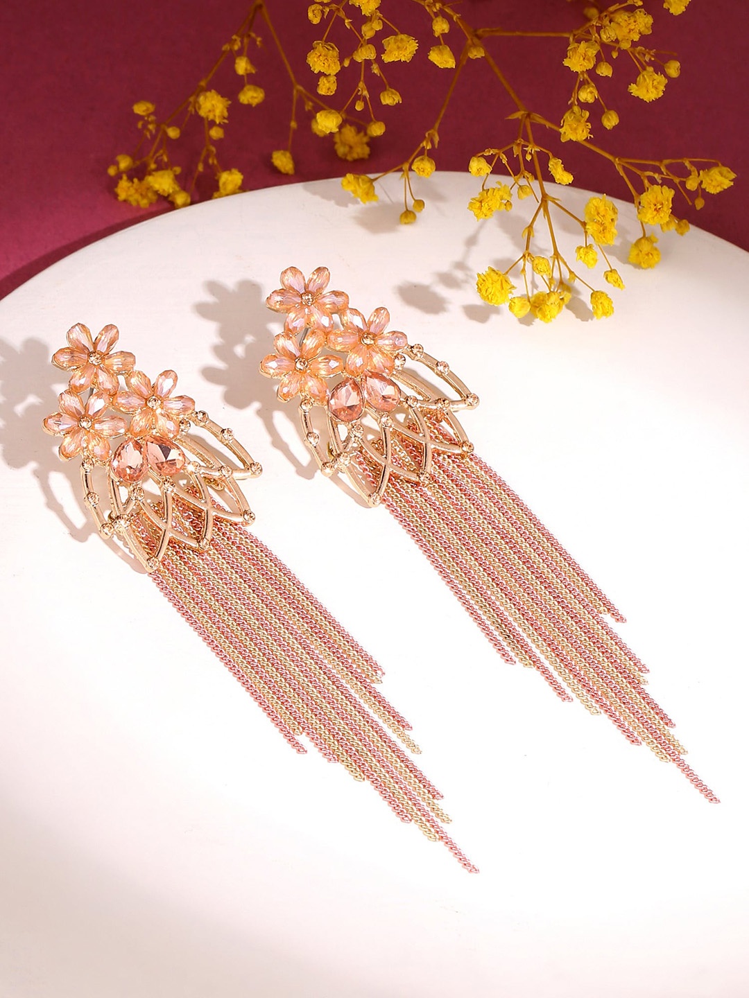 

Yellow Chimes Pink Floral Shaped Crystal Peach Long Chain Dangler Earrings