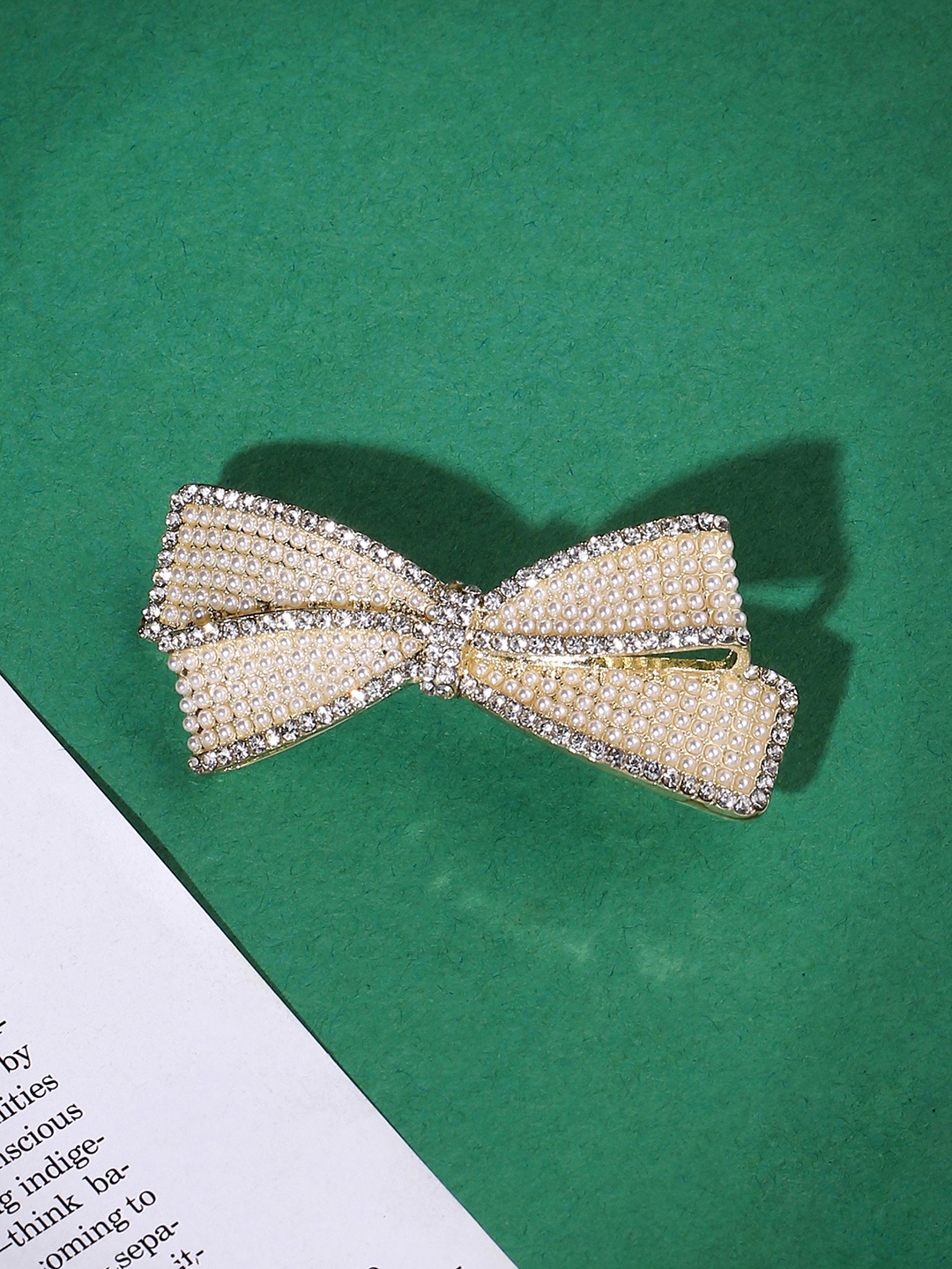 

Yellow Chimes Bow Designed White Crystal and Pearl Studded French Baratte Hair Clip