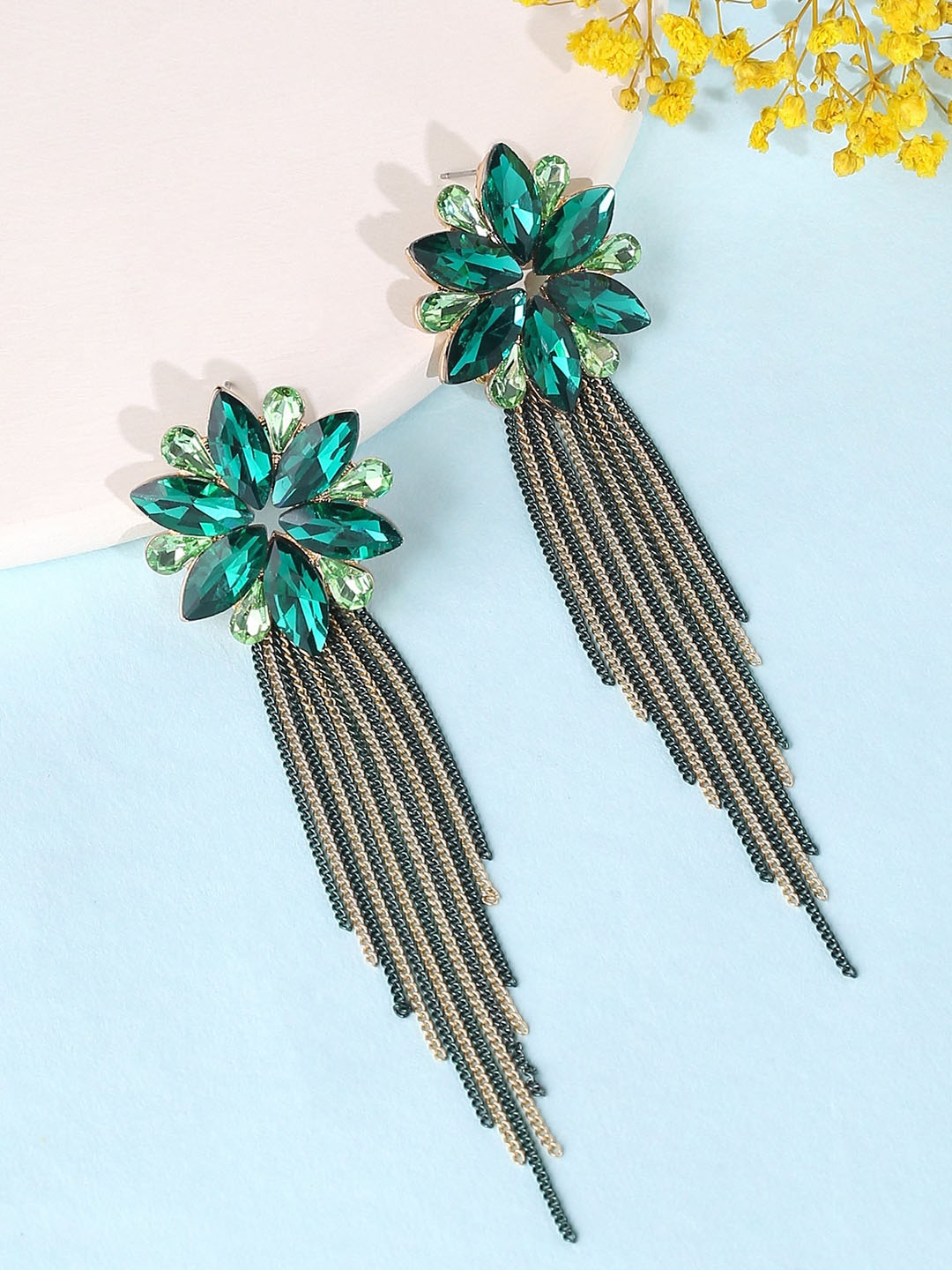 

Yellow Chimes Green Floral Shaped Crystal Long Chain Dangler Earrings