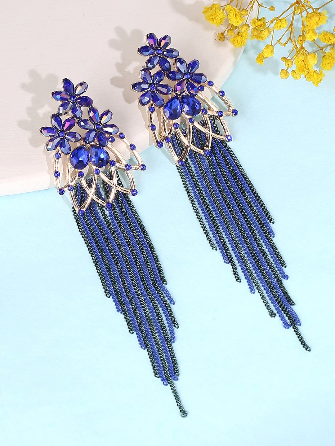 

Yellow Chimes Blue Floral Shaped Crystal Long Chain Dangler Earrings