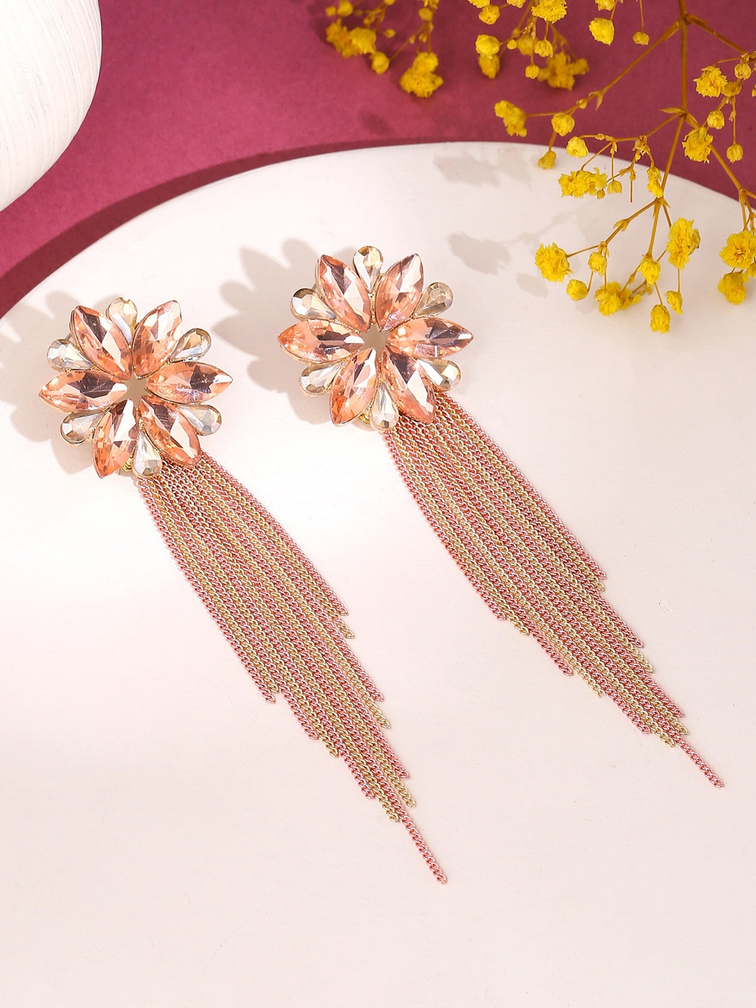 

Yellow Chimes Pink Floral Shaped Crystal Long Chain Dangler Earrings