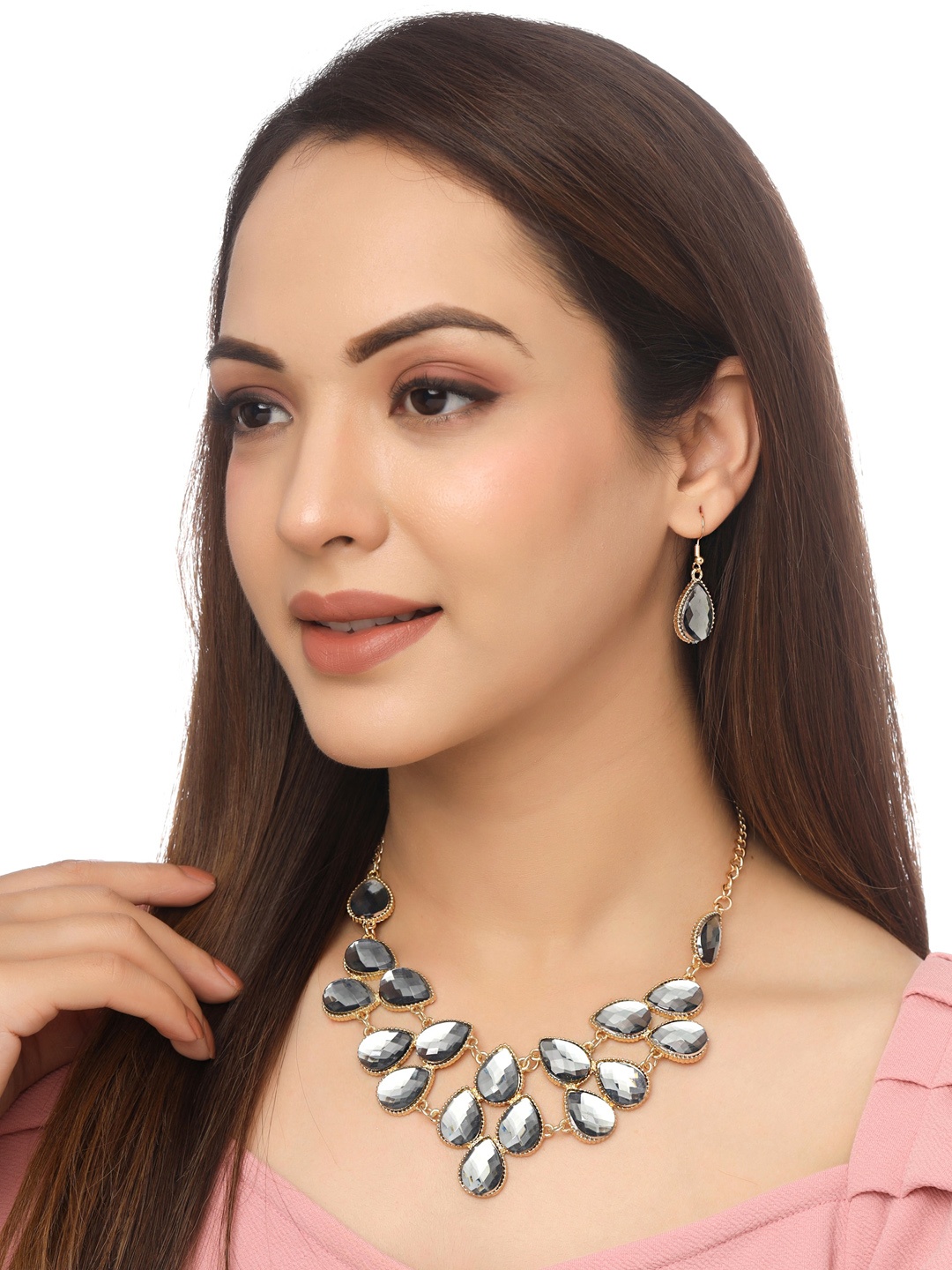 

Yellow Chimes Black Oval Shaped Crystal Studded Jewellery Set, Gold