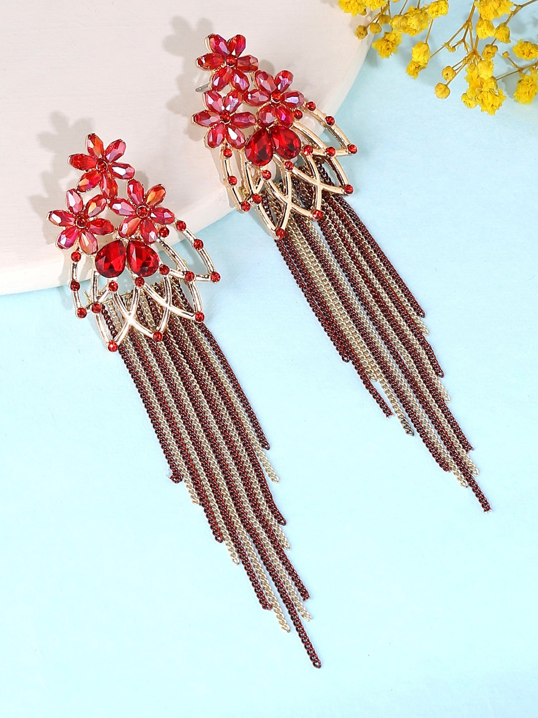 

Yellow Chimes Red Floral Shaped Crystal Red Long Chain Dangler Earrings