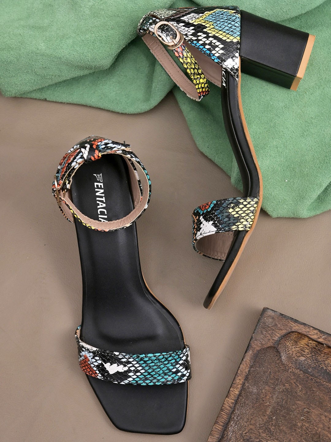 

Fentacia Women Black Printed Block Heels with Buckles