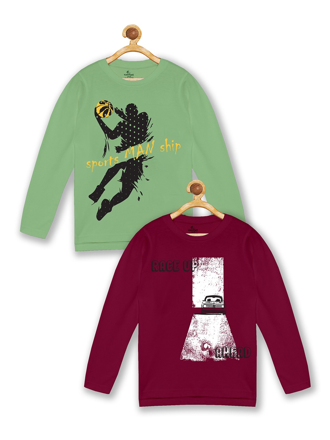 

KiddoPanti Boys Pack Of 2 Green & Burgundy Printed T-shirt
