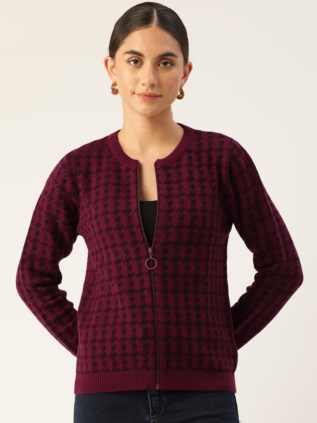 

Madame Women Maroon & Black Houndstooth Pullover