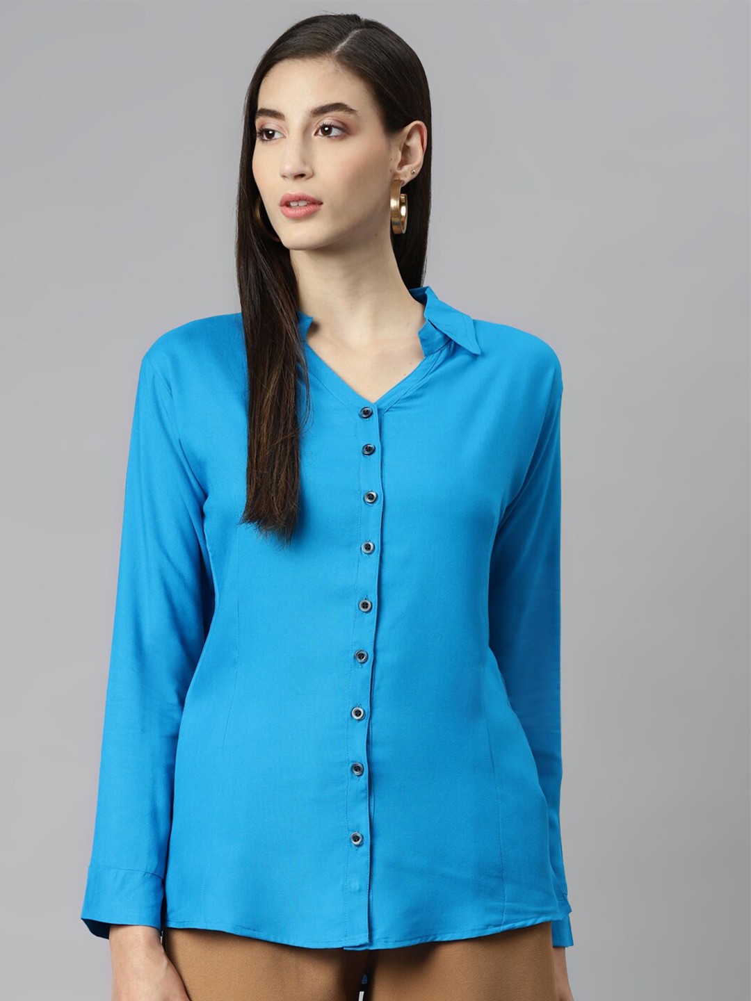 

Aarika Women Turquoise Blue Solid Pure Cotton Classic Casual Shirt