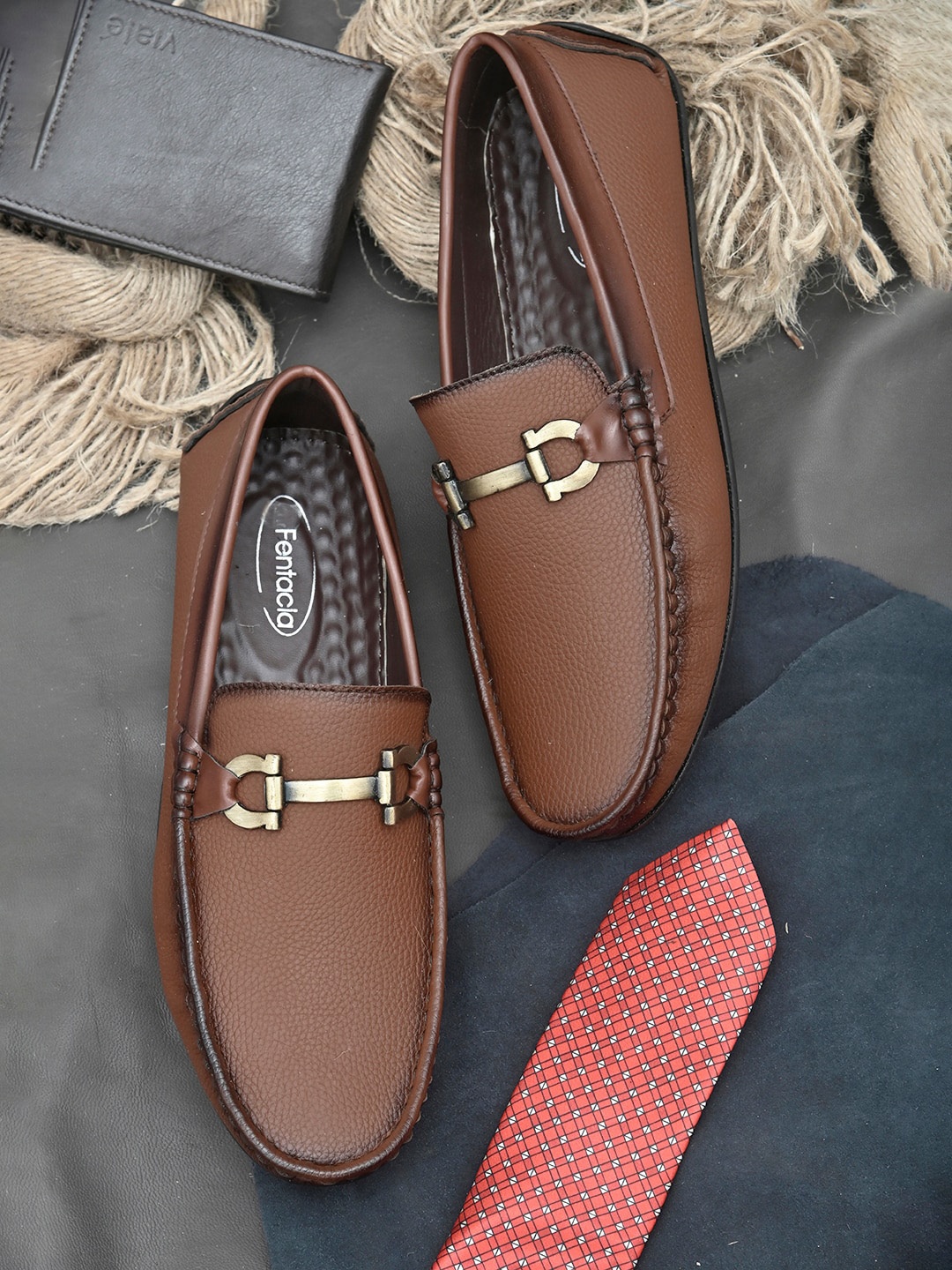 

Fentacia Men Tan Textured Slip-On Lightweight Horsebit Loafers