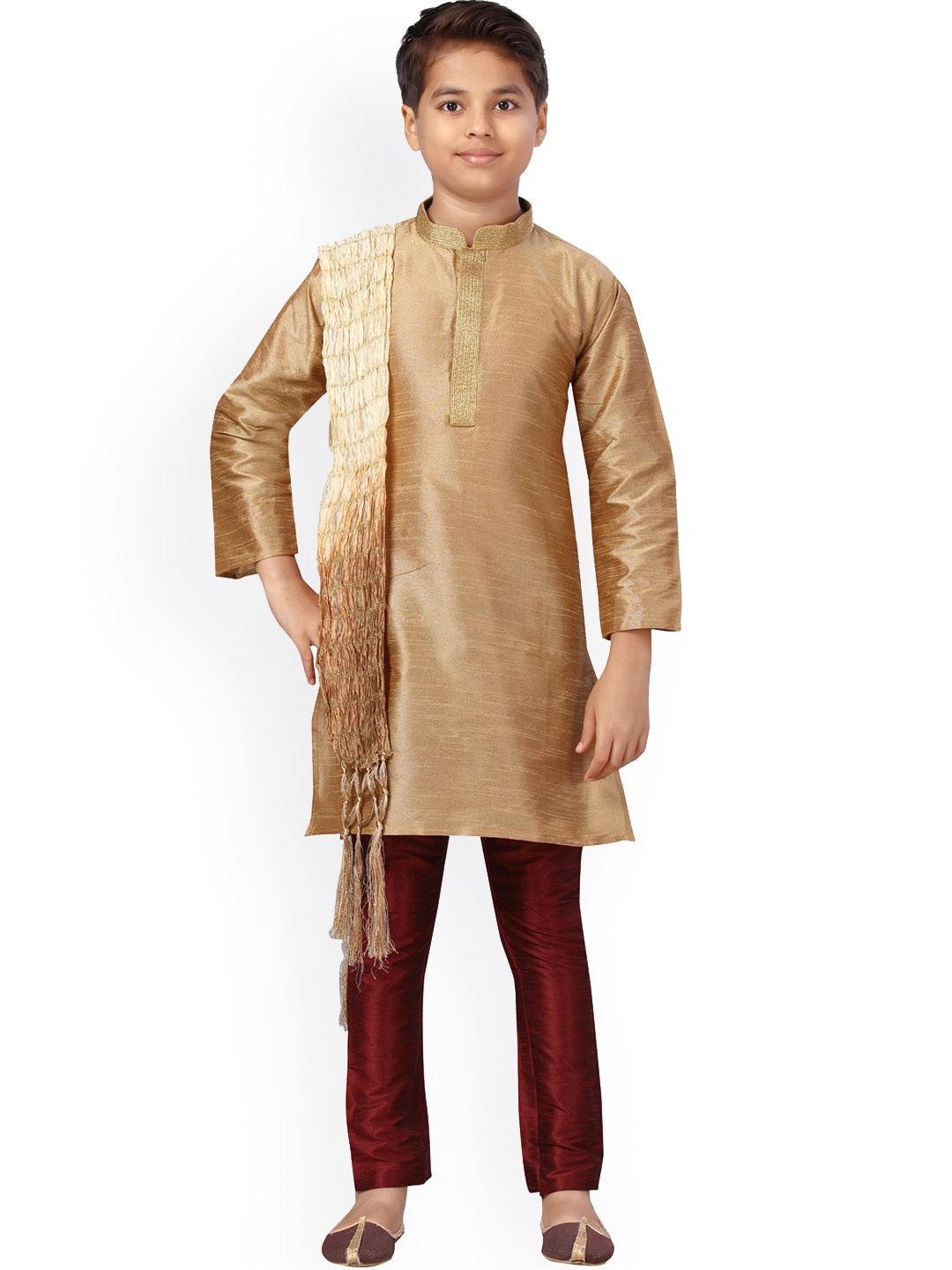 

Aarika Boys Gold-Toned Thread Work Pure Cotton Kurta with Pyjamas & With Dupatta