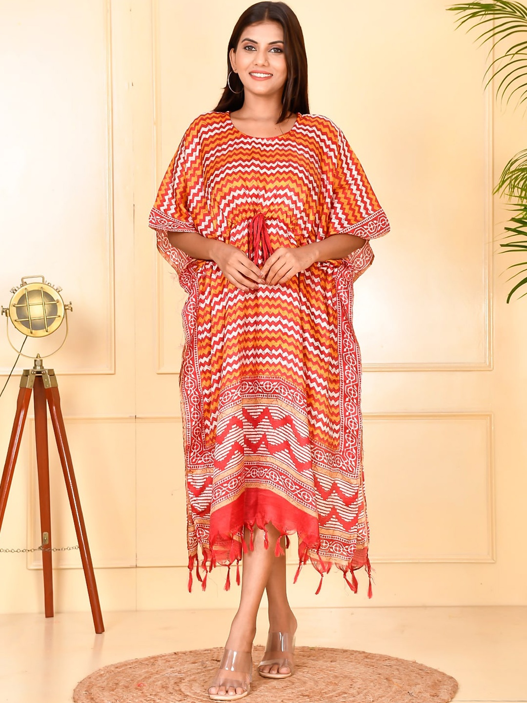 

Kesarya Women Red & Orange Printed Flared Sleeves White Romance Kaftan Kurta