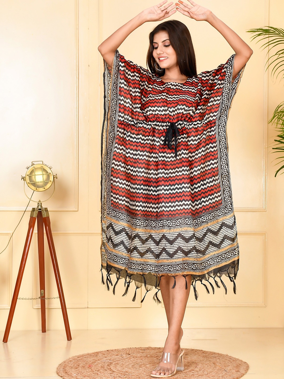 

Kesarya Women Black & Brown Printed Extended Sleeves Summer Sheers Kaftan Kurta