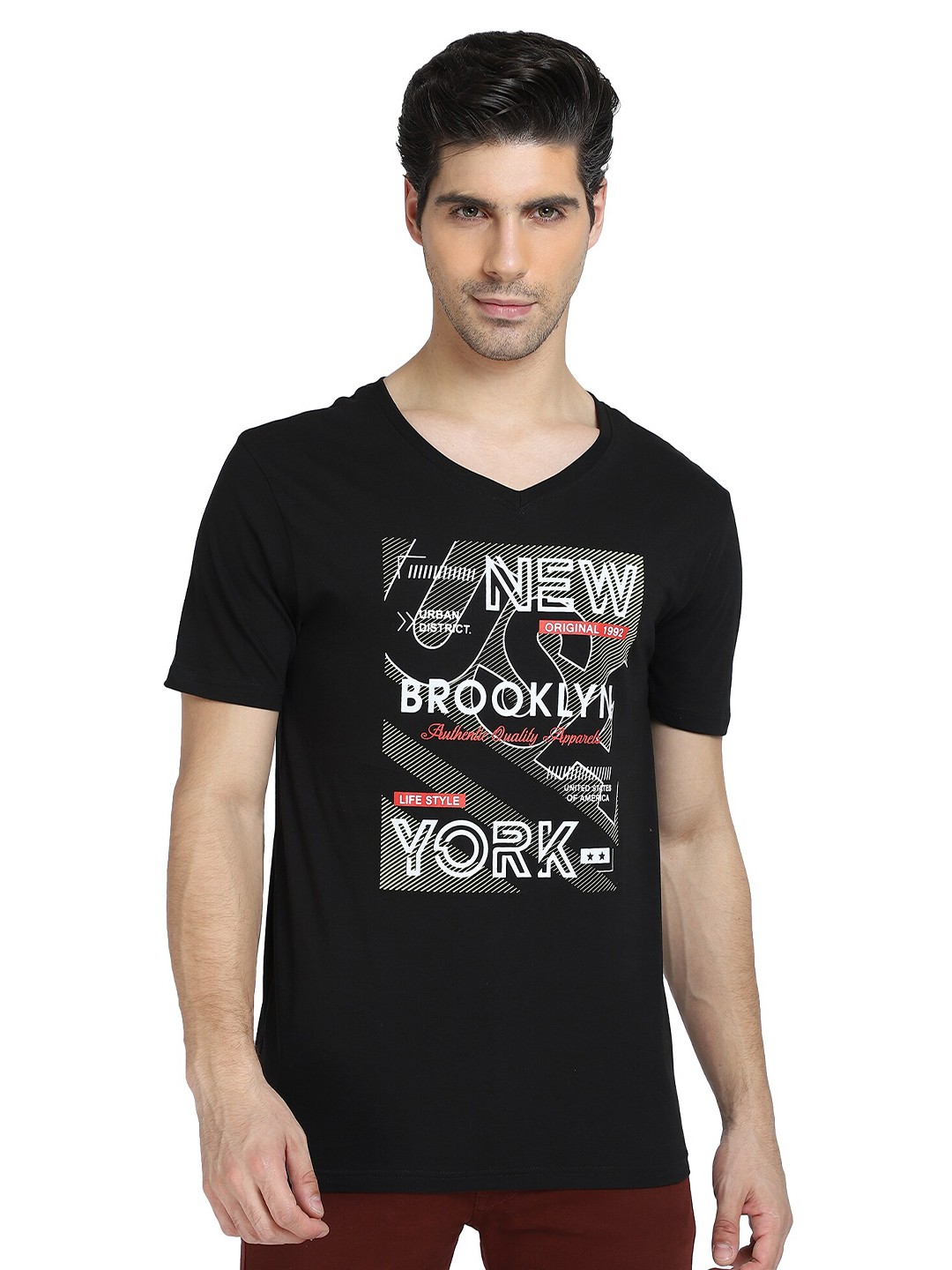 

DYCA Men Black Typography Printed V-Neck Cotton T-shirt