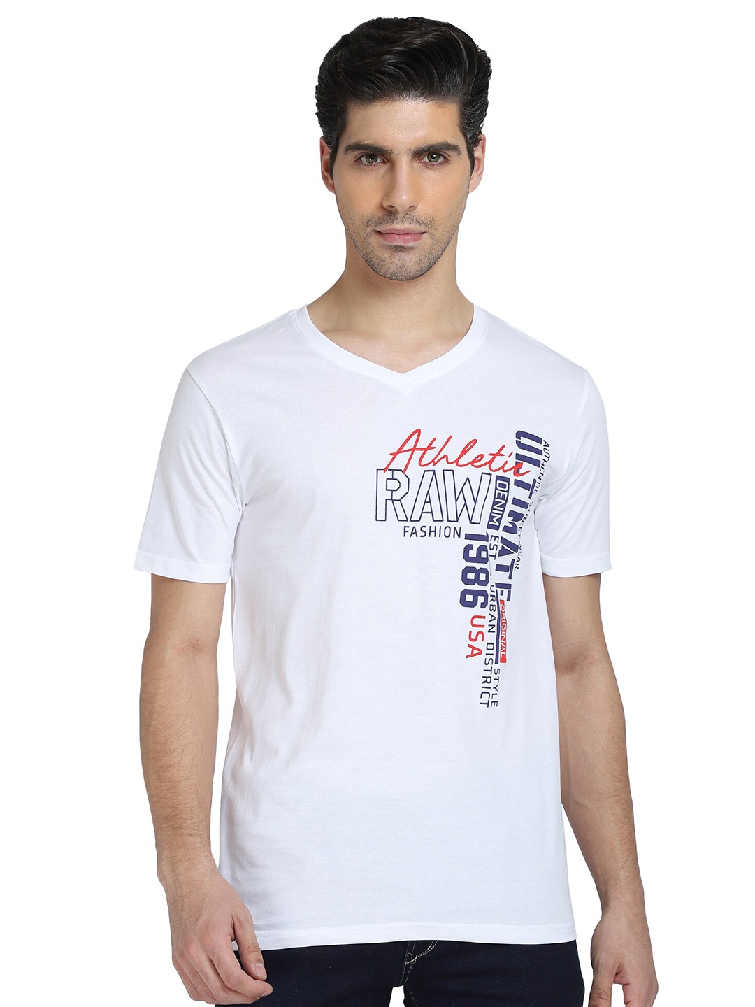 

DYCA Men White Typography Printed V-Neck Raw Edge T-shirt
