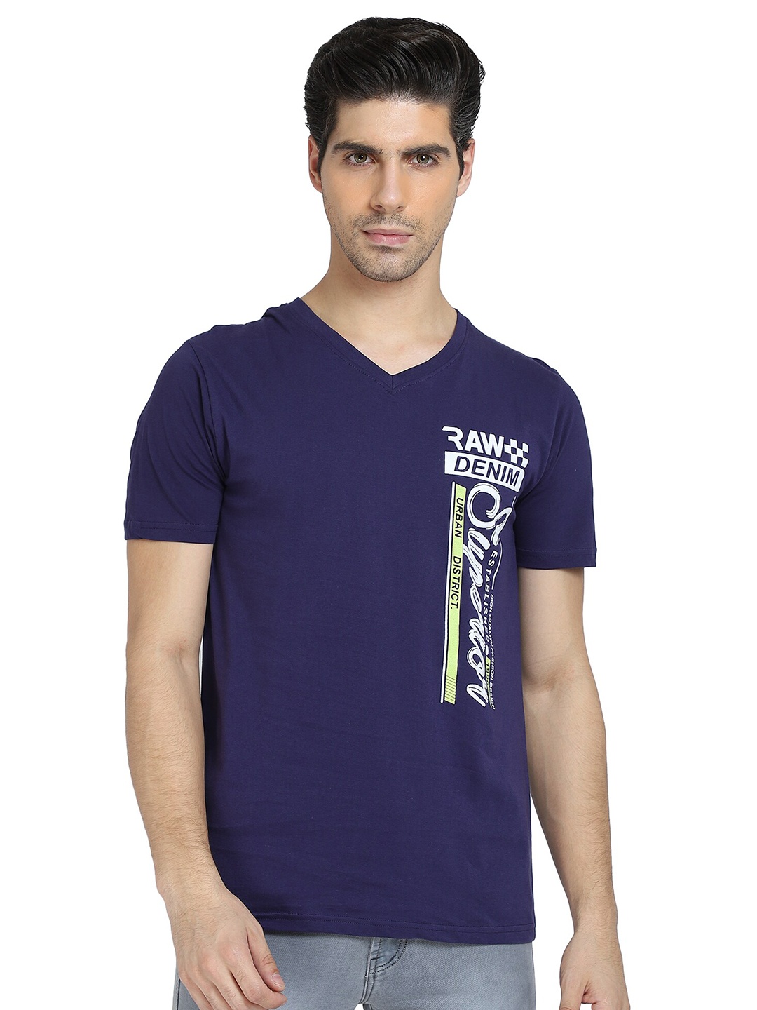 

DYCA Men Navy Blue Typography Printed V-Neck T-shirt