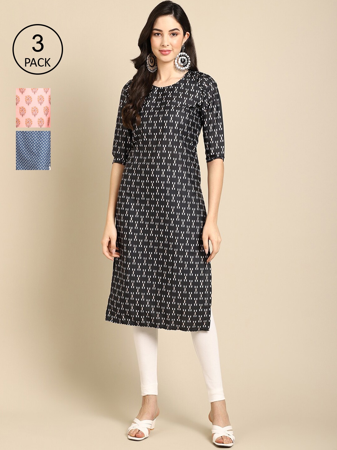 

Ethnic basket Women Black & Peach-Coloured Pack of 3 Printed Crepe Kurta