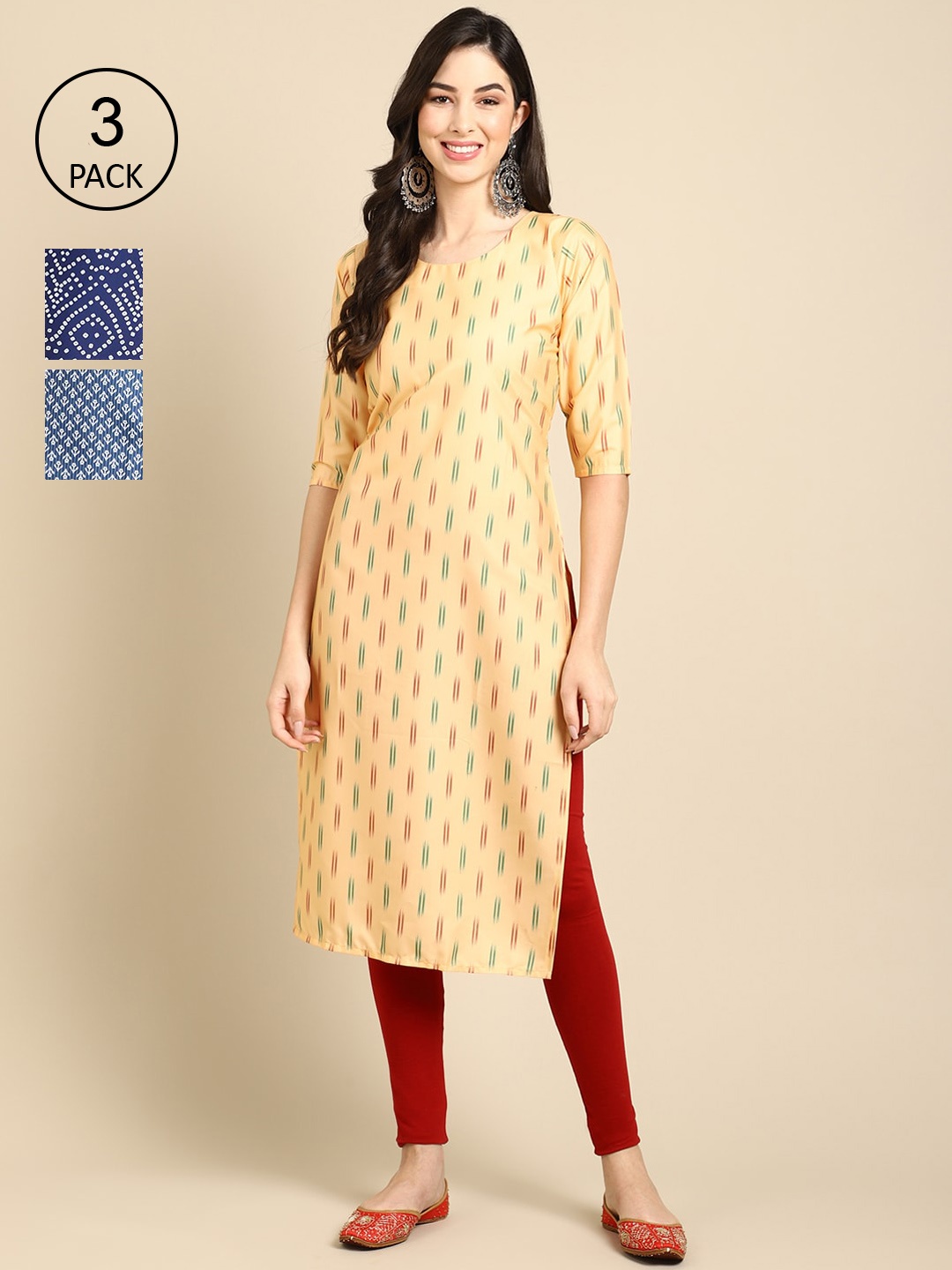 

Ethnic basket Women Pack of 3 Beige & Blue Printed Crepe Kurta