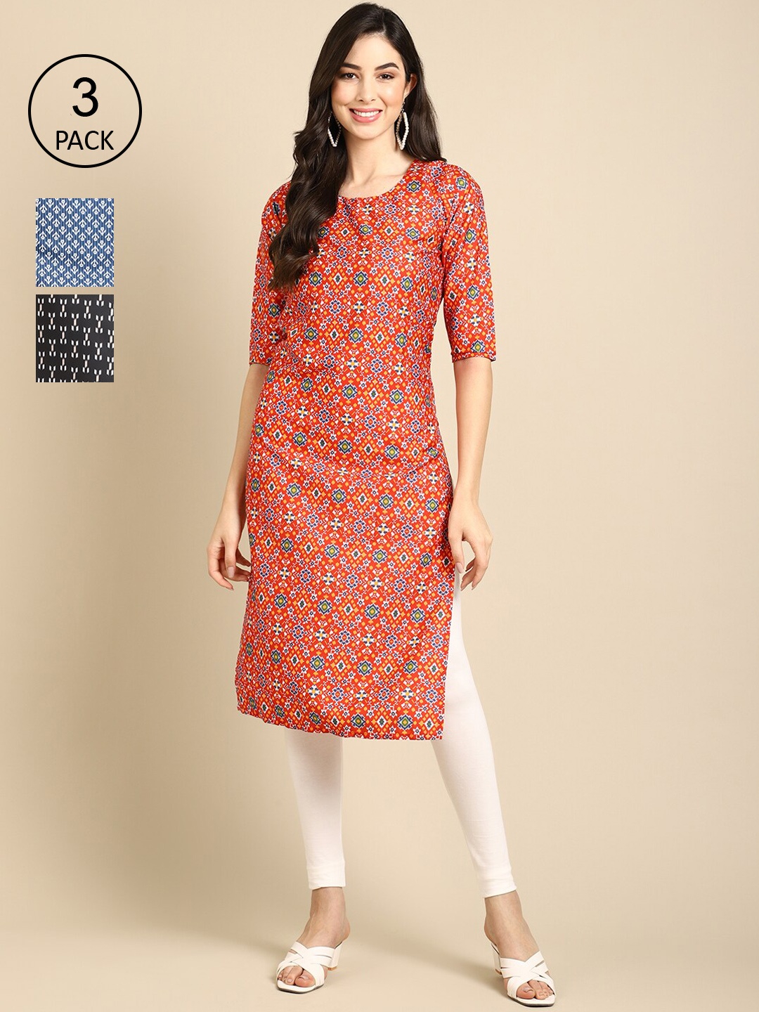 

Ethnic basket Women Pack of 3 Crepe Kurta, Coral