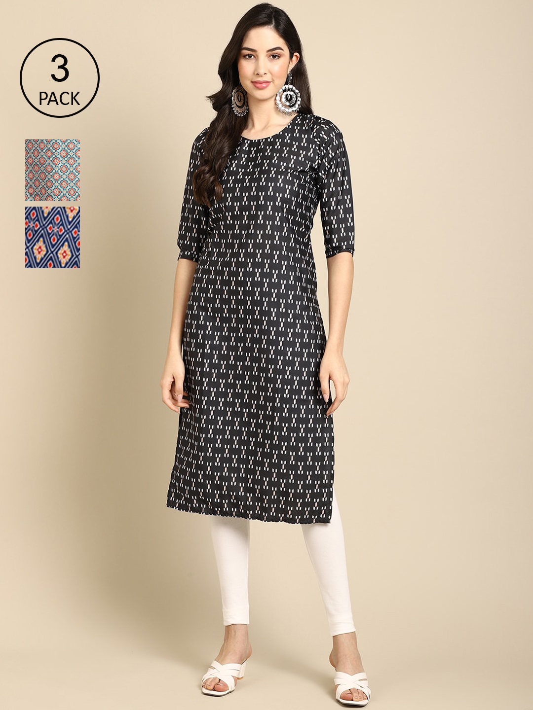 

Ethnic basket Women Pack of 3 Geometric Printed Crepe Straight Kurta, Black