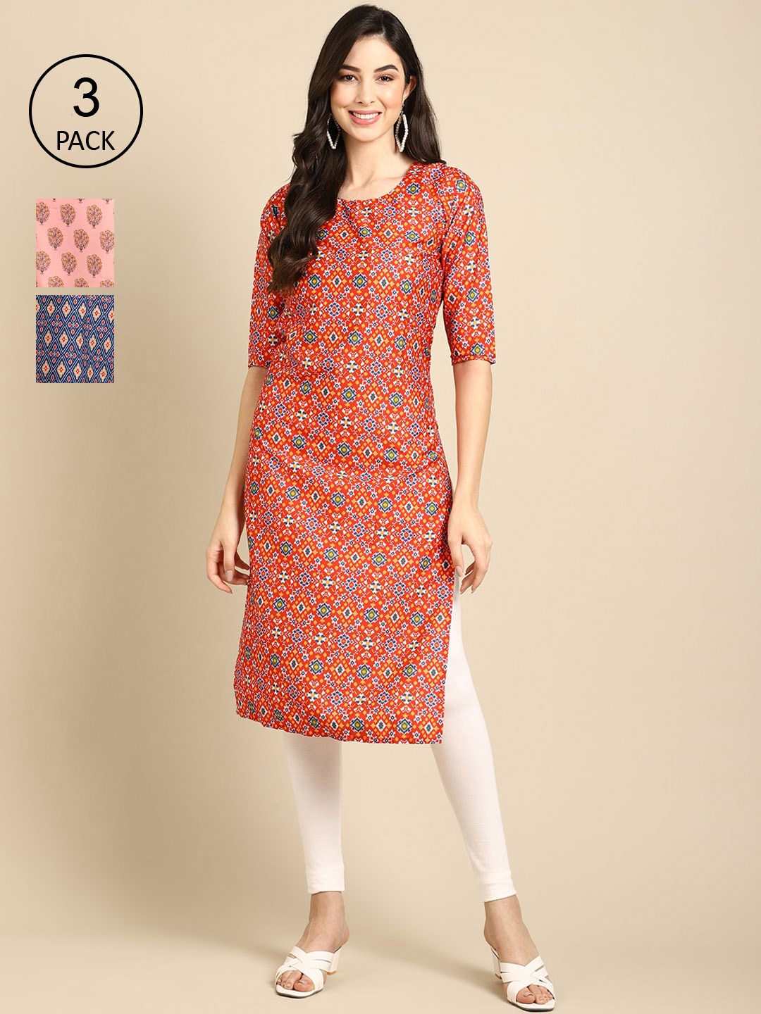 

Ethnic basket Women Blue & Orange Floral Printed Crepe Kurta