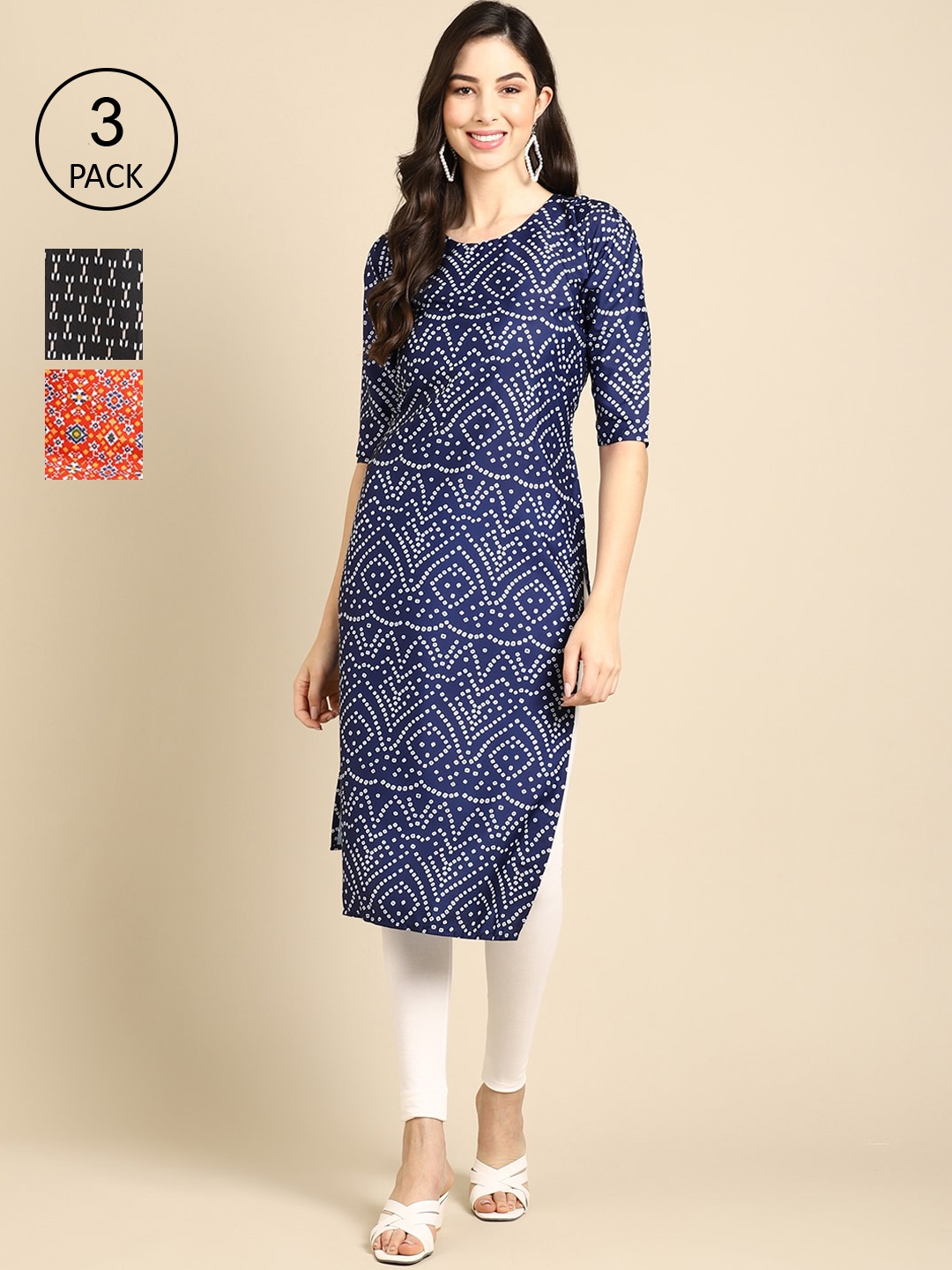 

Ethnic basket Women pack of 3 Printed Block Print Crepe Kurta, Blue