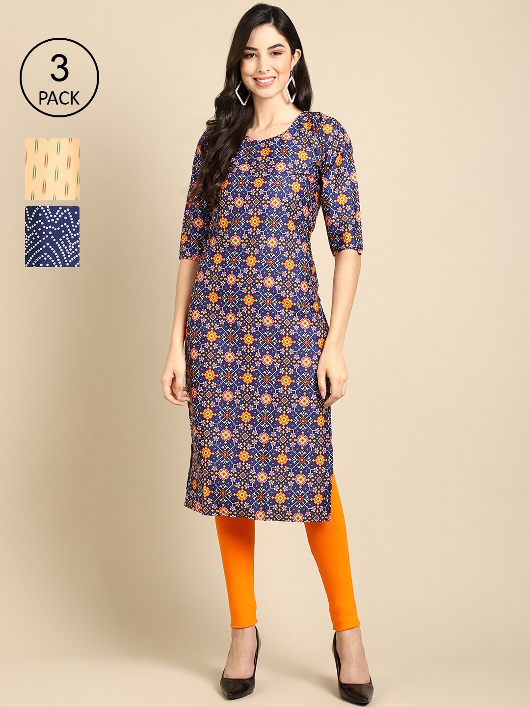 

Ethnic basket Pack of 3 Women Ethnic Motifs Printed Block Print Crepe Kurta, Blue
