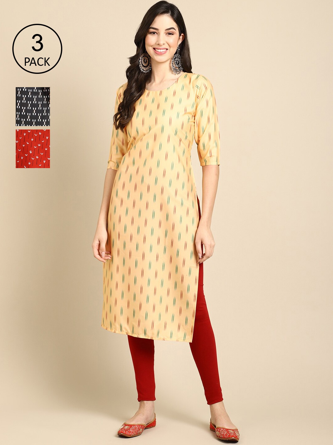 

Ethnic basket Women Yellow & Red Ethnic Motifs Printed Crepe Kurta