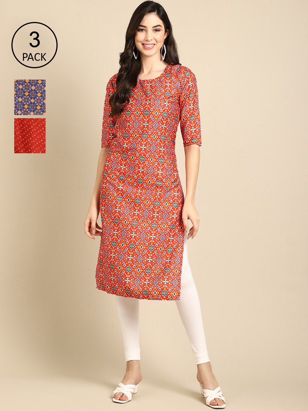 

Ethnic basket Pack of 3 Women Geometric Printed Crepe Kurta, Red