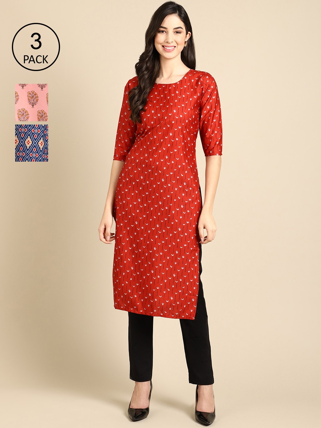 

Ethnic basket Pack of 3 Women Ethnic Motifs Printed Block Print Crepe Kurta, Red
