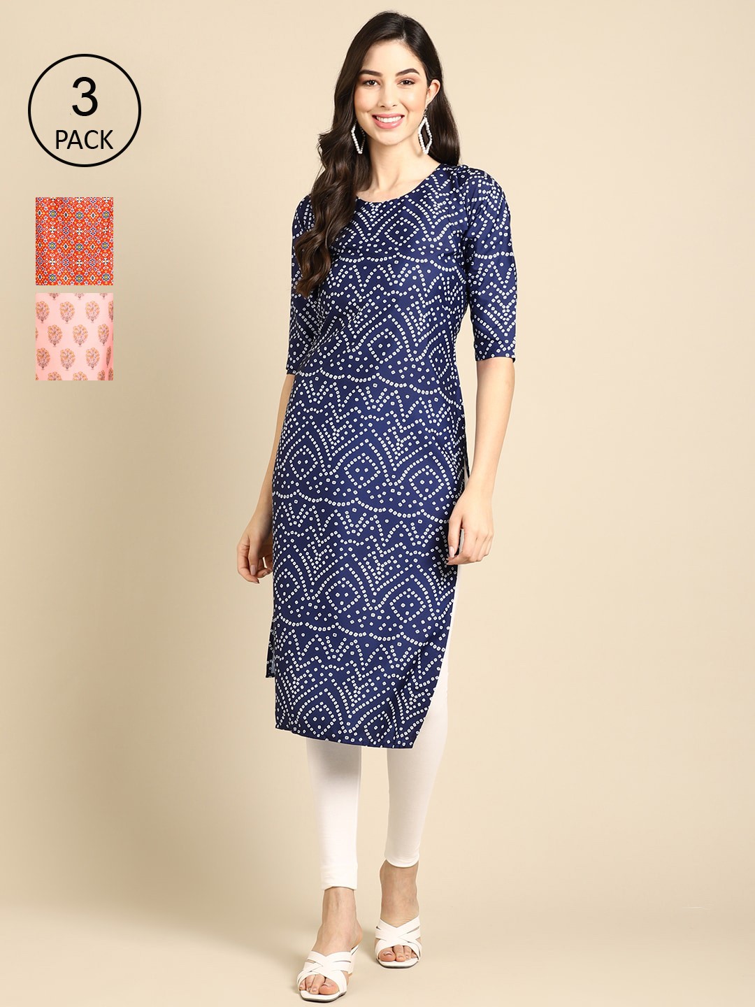 

Ethnic basket Pack of 3 Women Ethnic Motifs Printed Block Print Crepe Kurta, Blue