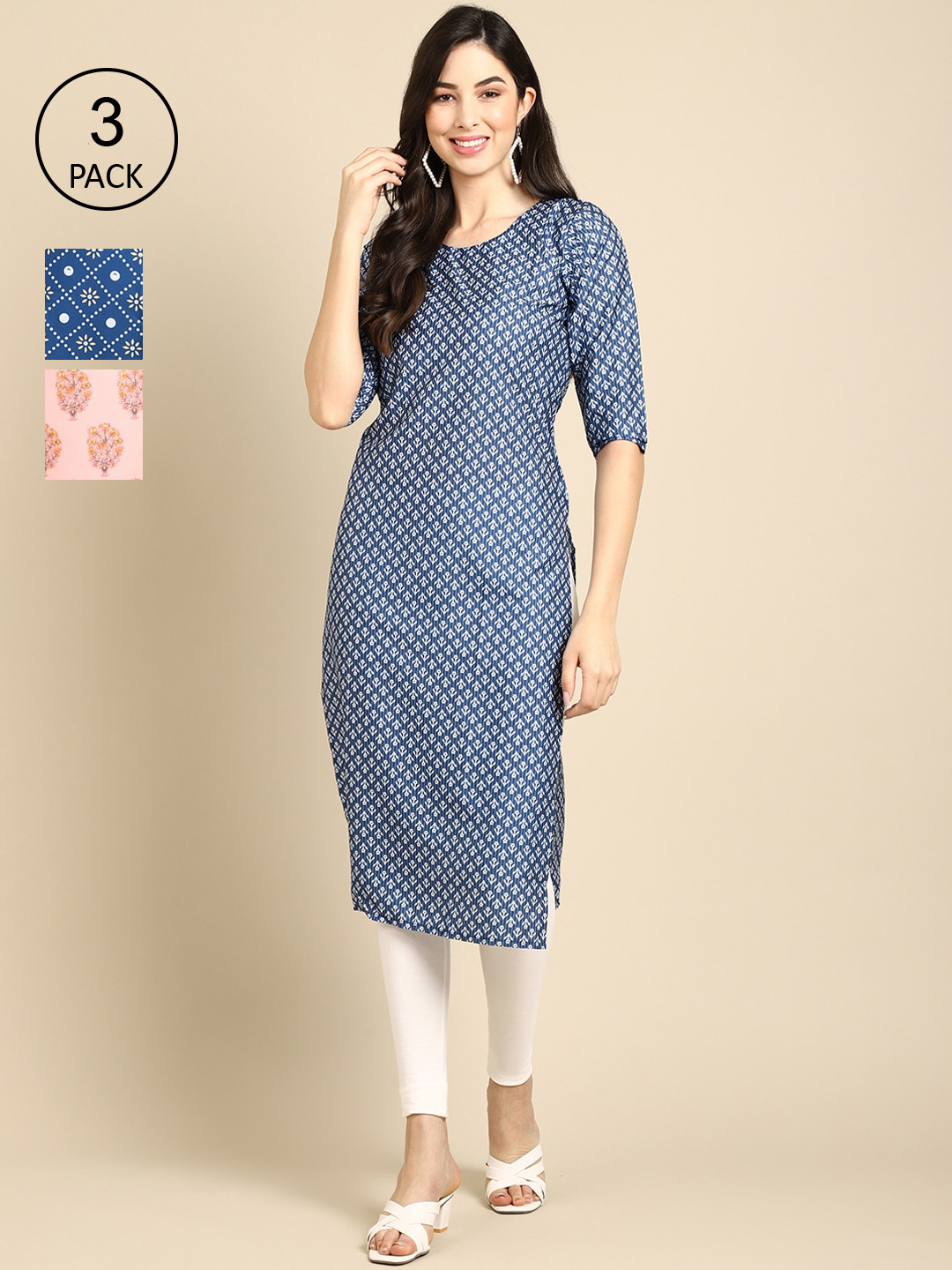 

Ethnic basket Pack of 3 Women Ethnic Motifs Printed Block Print Crepe Kurta, Blue
