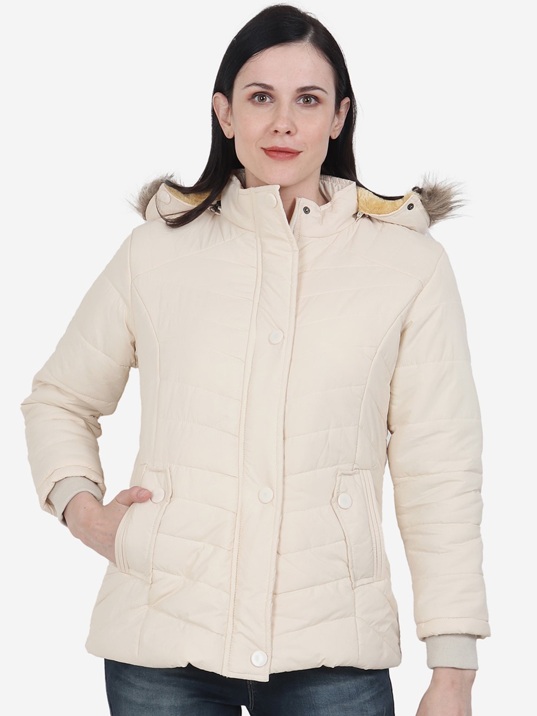 

Xohy Women Cream-Coloured Lightweight Outdoor Puffer Hooded Jacket