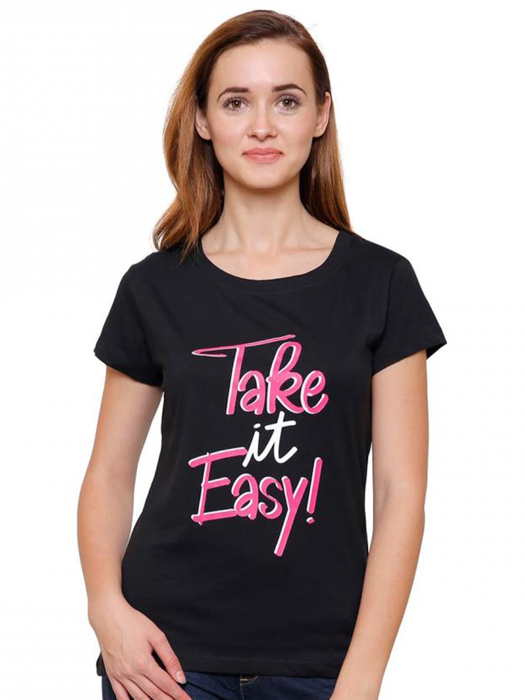 DYCA Women Black Typography Printed Cotton T-shirt