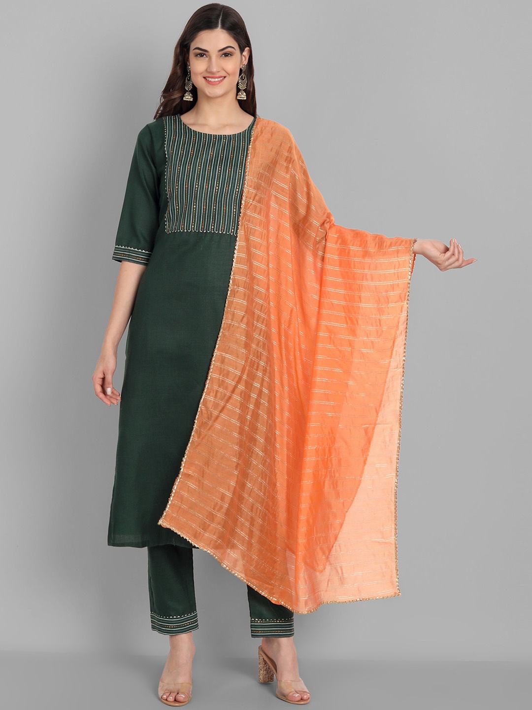 

GUNVANTI FAB Women Yoke Design Kurta with Trouser & Dupatta, Green