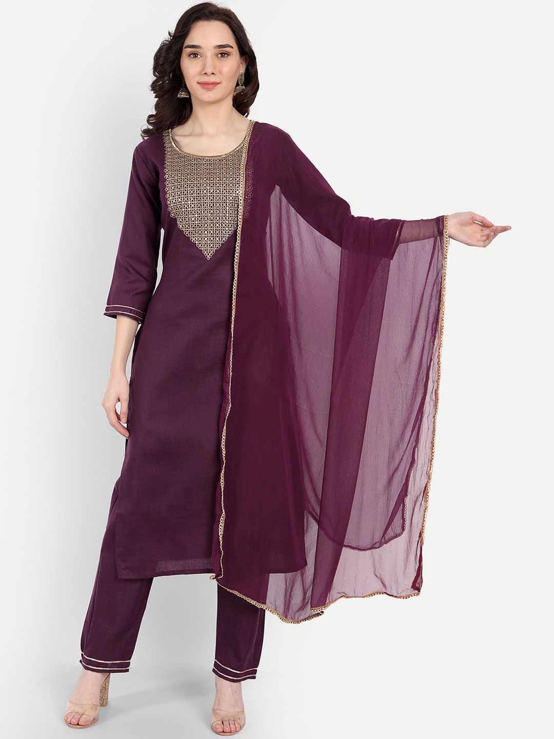 

GUNVANTI FAB Women Floral Embroidered Yoke Design Kurta with Trouser & With Dupatta, Purple