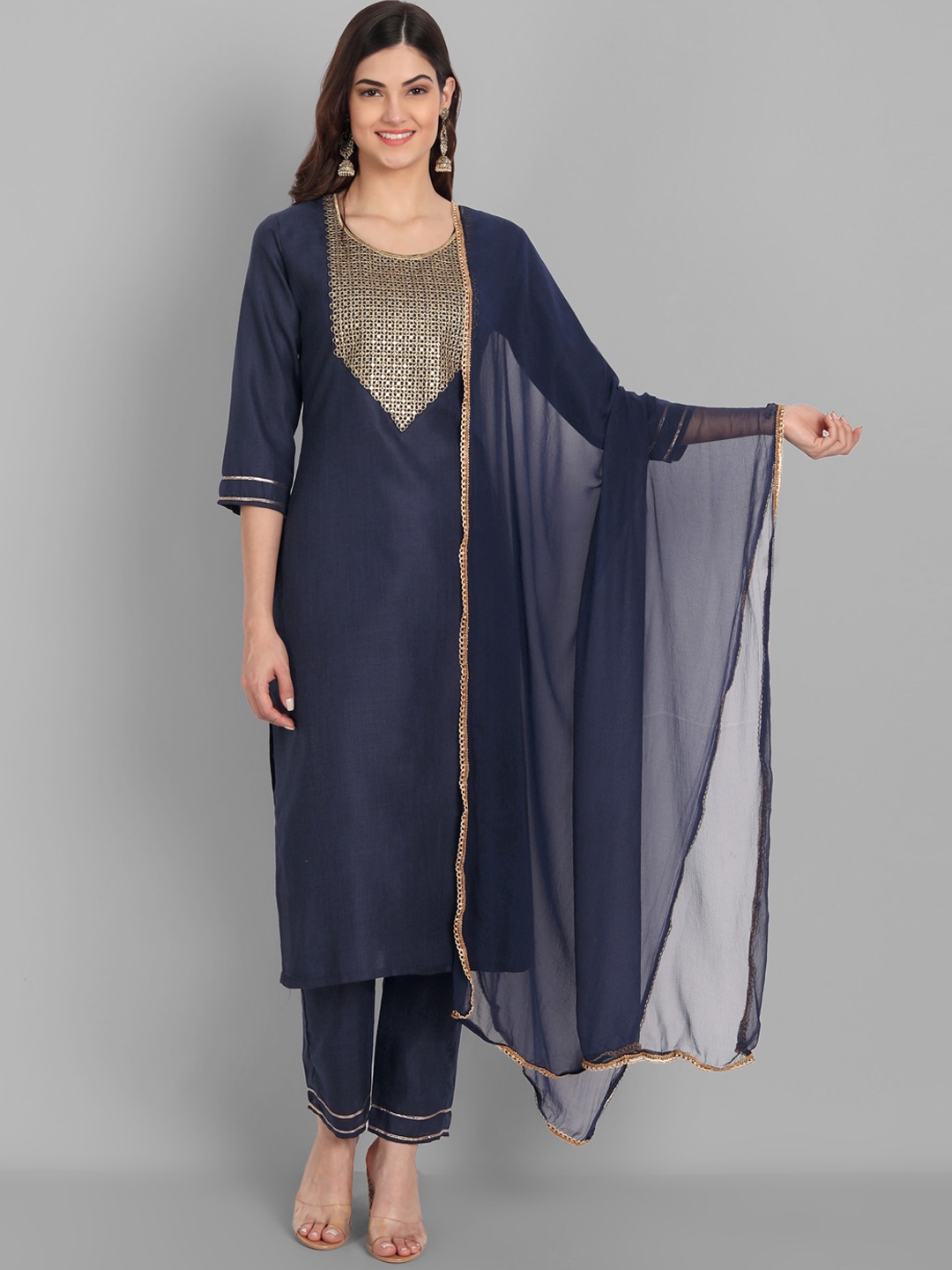 

GUNVANTI FAB Women Yoke Design Straight Kurta with Trousers & With Dupatta, Blue