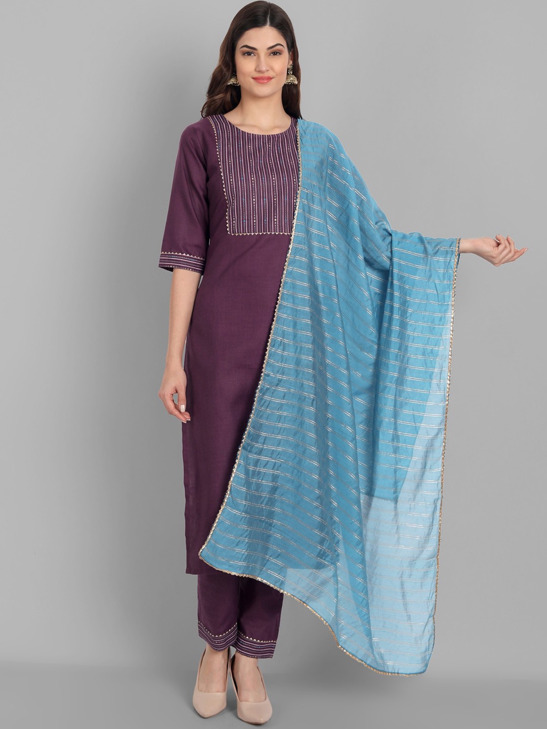 

GUNVANTI FAB Women Striped Yoke Design Gotta Patti Detail Kurta With Trouser And Dupatta, Purple