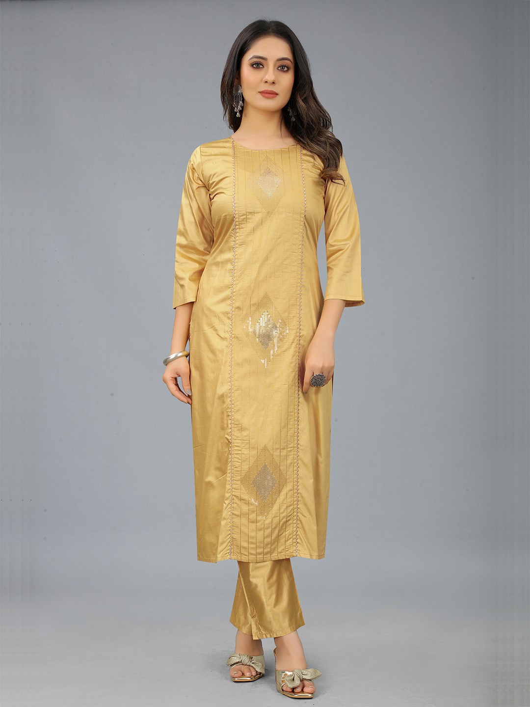 

GUNVANTI FAB Women Embroidered Panelled Sequinned Liva Kurta with Trousers, Beige