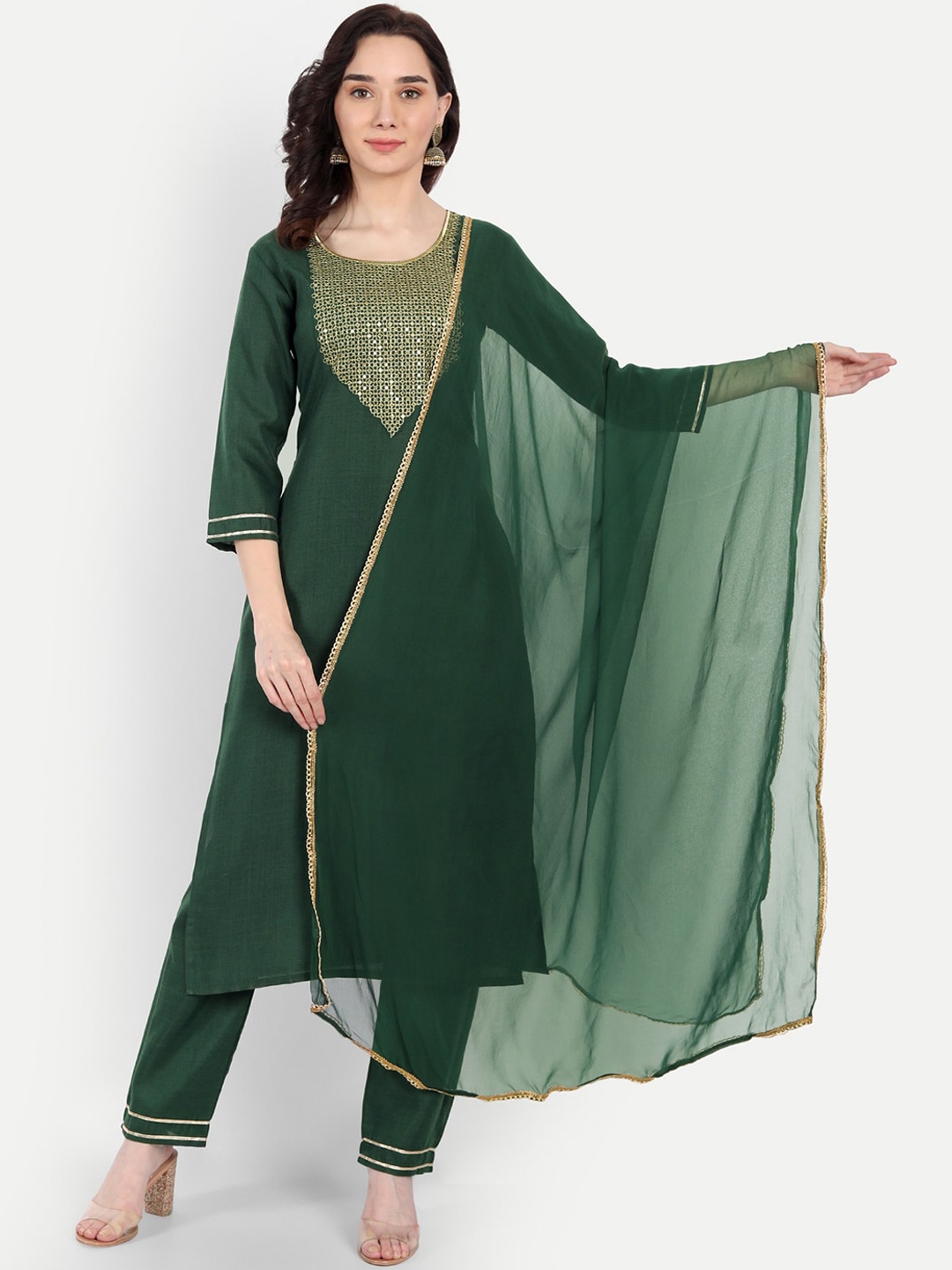 

GUNVANTI FAB Women Green Embroidered Sequinned Kurta with Trousers & Dupatta
