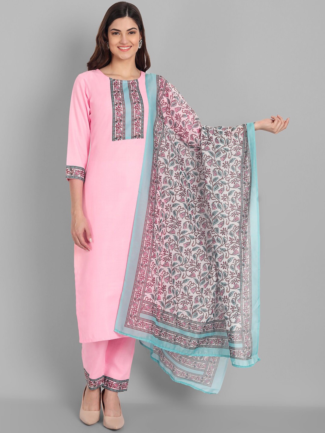 

GUNVANTI FAB Women Floral Yoke Design Kurta with Trousers & With Dupatta, Pink