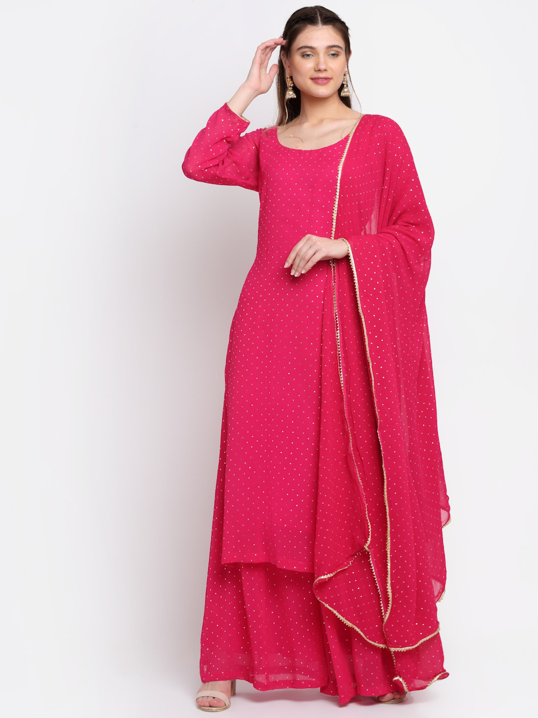 

anokherang Women Floral Foil & Gotta Patti Silk Georgette Kurta Set, Pink