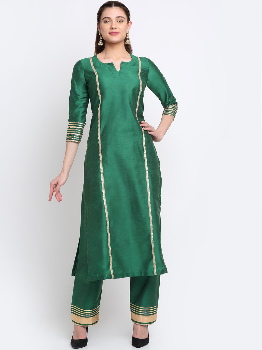 

anokherang Women Panelled Gotta Patti Kurta with Trousers & With Dupatta, Green