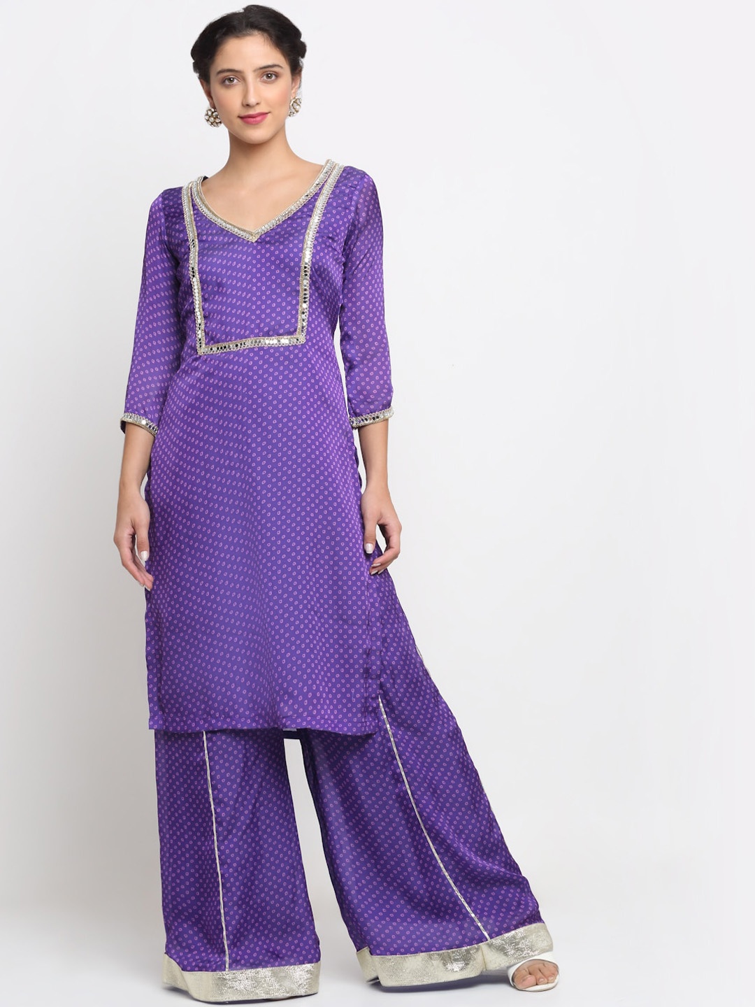 

Anokherang Women Bandhani Printed Mirror Work Kurta with Palazzo Set, Purple