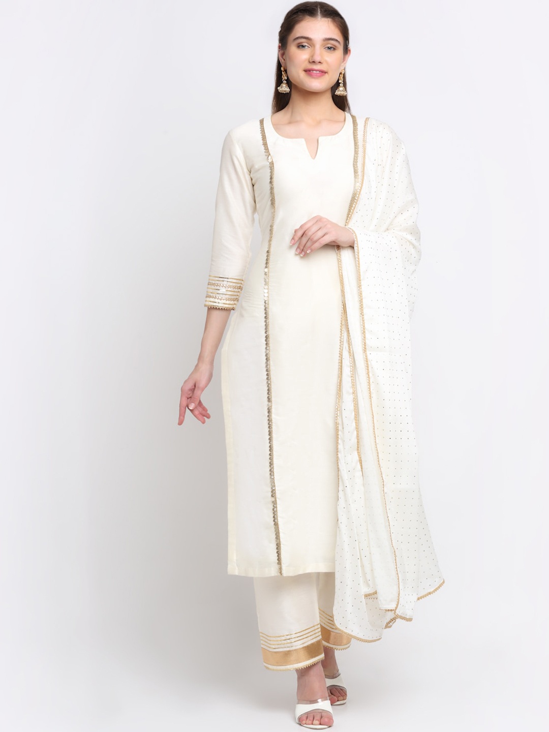 

anokherang Women Panelled Gotta Patti Kurta with Trousers & With Dupatta, Off white