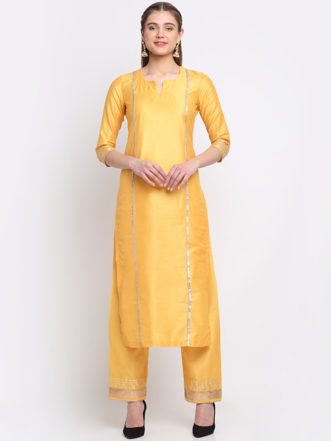 

anokherang Women Mustard Yellow Embroidered Gotta Patti Kurta with Trouser