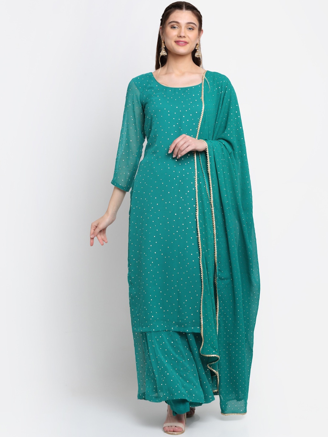 

anokherang Women Self Design Silk Georgette Kurta with Sharara & With Gotta Patti Dupatta, Green