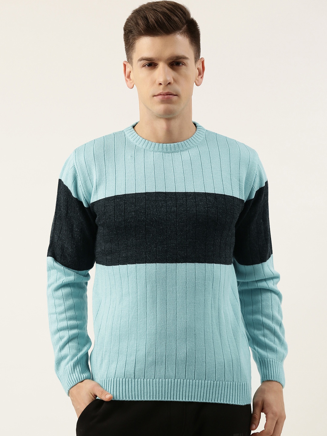 

Sports52 wear Men Blue & Teal Green Striped Self Design Pullover