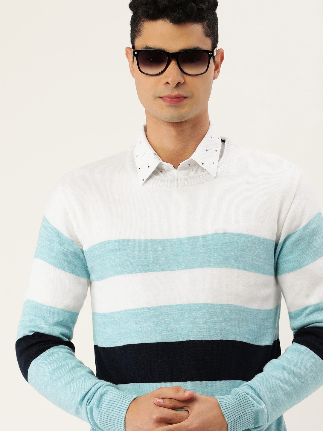 

Sports52 wear Men White & Sea Green Striped Pullover