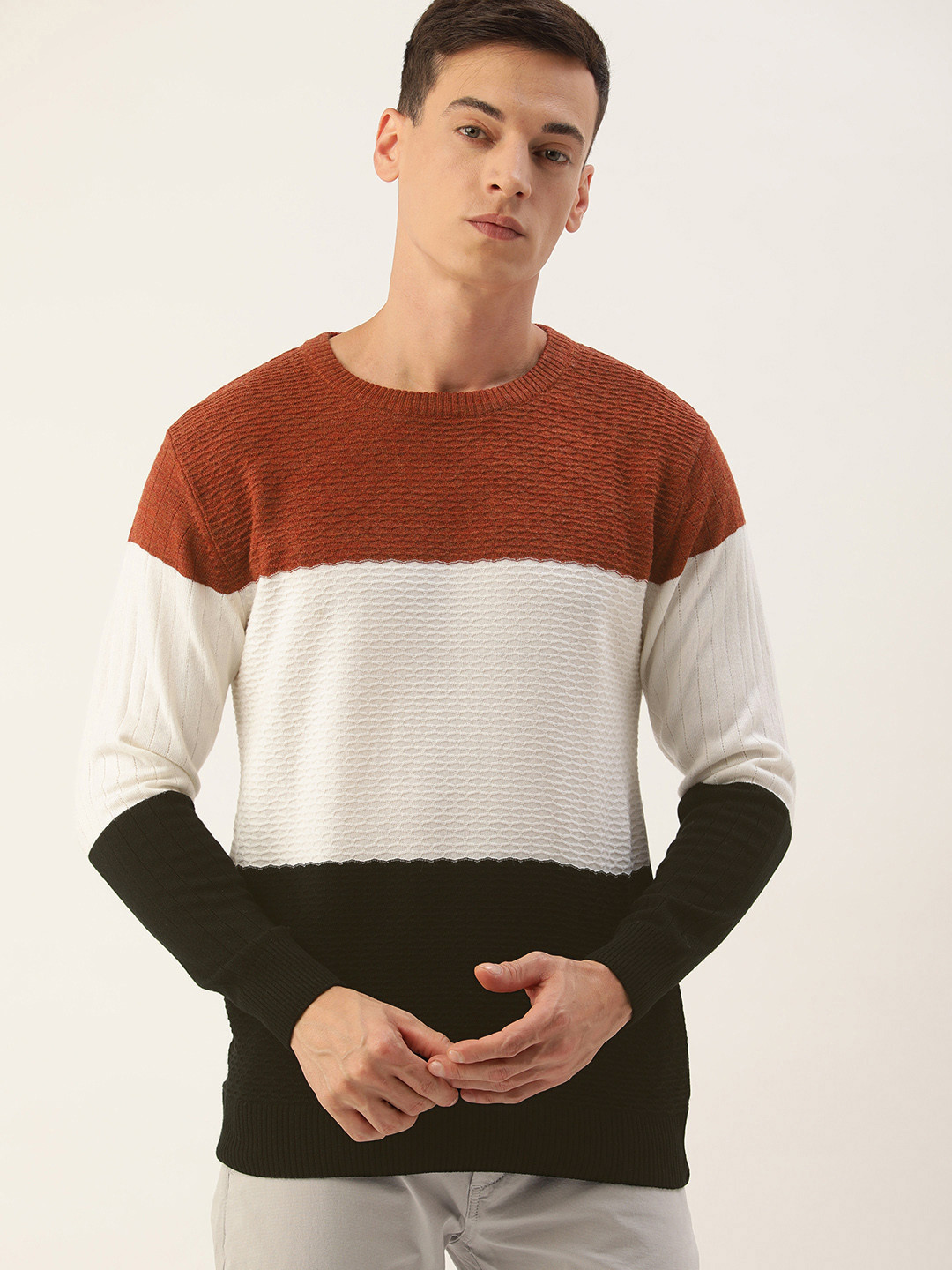 

Sports52 wear Men Rust Brown & White Colourblocked Cable-Knit Pullover Sweater